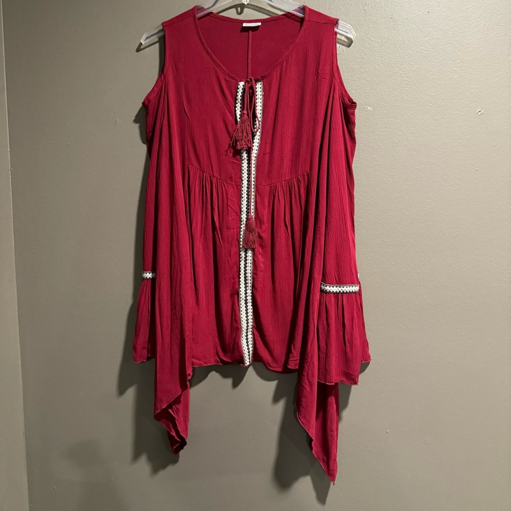 Goldspark Boho Top Cold Shoulder Ruffled Long Sleeve Red Tunic Size Medium